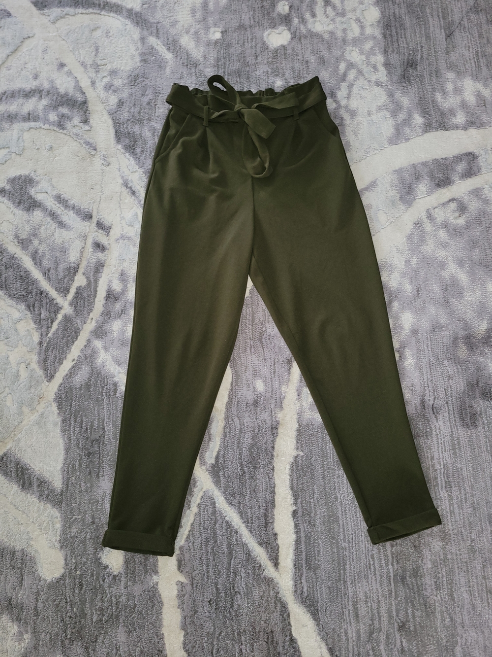 High-Waist Paperbag Trousers with Self-Tie Belt - Olive Size M